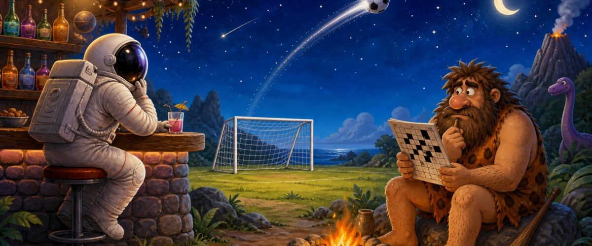 Cartoon-Astronaut auf einem Barhocker, ein Fußball fliegt übers Tor, und ein Höhlenmensch hält ein Kreuzworträtsel.