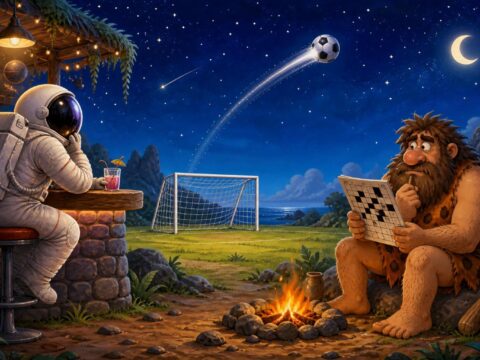 Cartoon-Astronaut auf einem Barhocker, ein Fußball fliegt übers Tor, und ein Höhlenmensch hält ein Kreuzworträtsel.