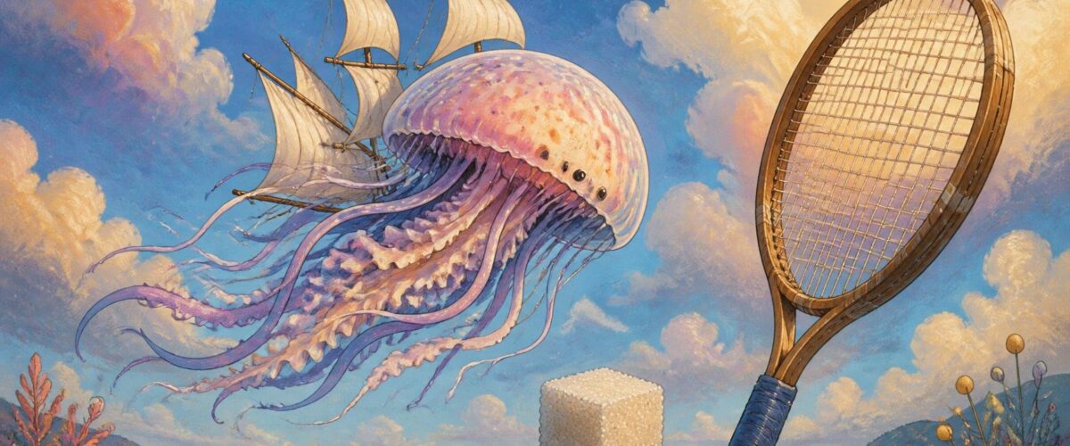 Verspielte Illustration: Eine Segelqualle gleitet an einem Tennisschläger und einem Würfelzucker vorbei, unter einem hoffnungsvollen Himmel.