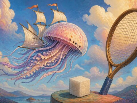 Verspielte Illustration: Eine Segelqualle gleitet an einem Tennisschläger und einem Würfelzucker vorbei, unter einem hoffnungsvollen Himmel.