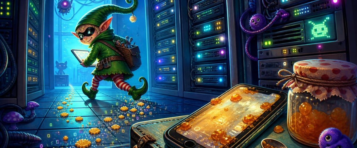 Ein Hacker-Kobold hinterlässt digitale Krümel in einem Serverraum, während ein marmeladenverschmiertes Handy im Vordergrund leuchtet.