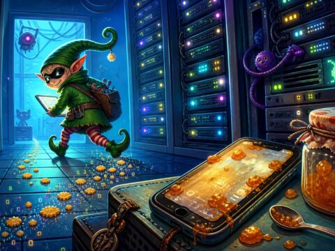 Ein Hacker-Kobold hinterlässt digitale Krümel in einem Serverraum, während ein marmeladenverschmiertes Handy im Vordergrund leuchtet.