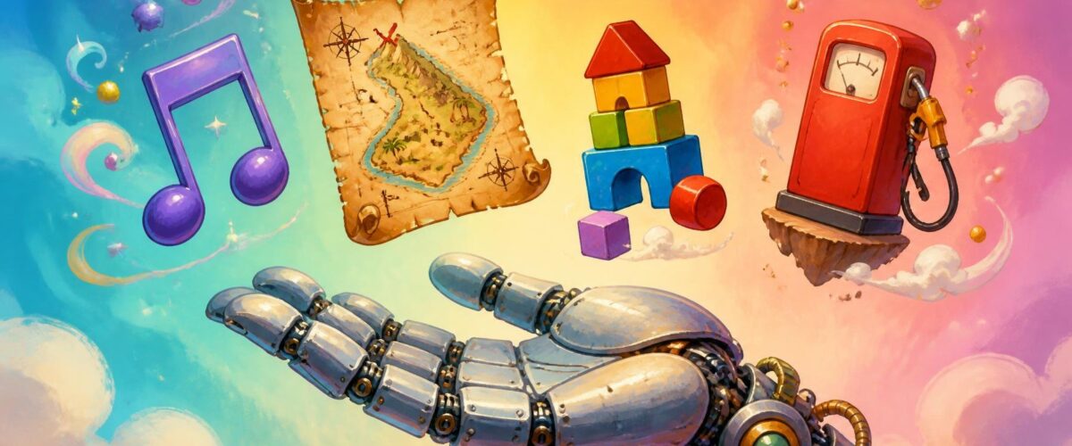 Verspielte Illustration mit Roboterhand, Noten, Schatzkarte, Bauklötzen und Zapfsäule.
