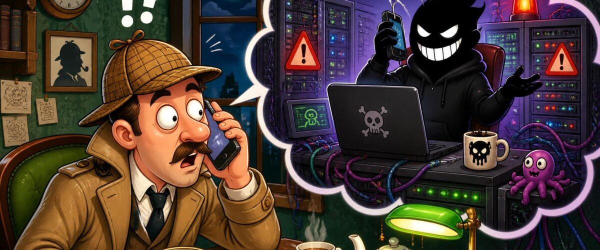 Cartoon-Illustration eines Kommissars, der verblüfft eine Sprachnachricht auf dem Handy abhört, während im Hintergrund ein Hacker vor einem Serverrack prahlt.