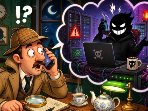 Cartoon-Illustration eines Kommissars, der verblüfft eine Sprachnachricht auf dem Handy abhört, während im Hintergrund ein Hacker vor einem Serverrack prahlt.