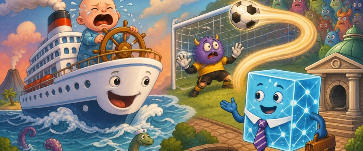 Cartoon-Kreuzfahrtschiff mit weinendem Baby am Steuer, ein Fußball, der unmöglich an einem verwirrten Torwart vorbeifliegt, und ein freundlicher Blockchain-Block mit Banker-Krawatte.