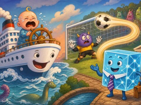 Cartoon-Kreuzfahrtschiff mit weinendem Baby am Steuer, ein Fußball, der unmöglich an einem verwirrten Torwart vorbeifliegt, und ein freundlicher Blockchain-Block mit Banker-Krawatte.