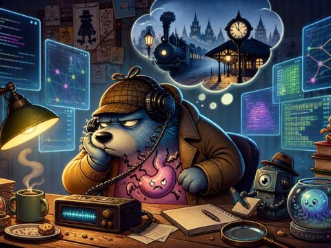 Illustration eines hungrigen Kommissars, der an einem Schreibtisch eine Sprachnachricht abhört, während Bildschirme mit Code und einer Bahnhofssilhouette schweben.