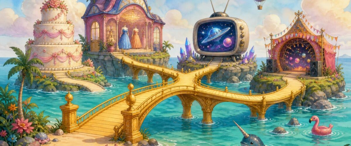 Illustration: goldene Brücke über tropischem Strand mit Hochzeitstorte, Modegeschäft, Science-Fiction-Fernseher und Festivalbühne.