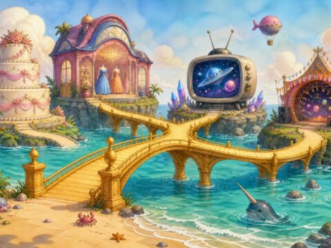 Illustration: goldene Brücke über tropischem Strand mit Hochzeitstorte, Modegeschäft, Science-Fiction-Fernseher und Festivalbühne.
