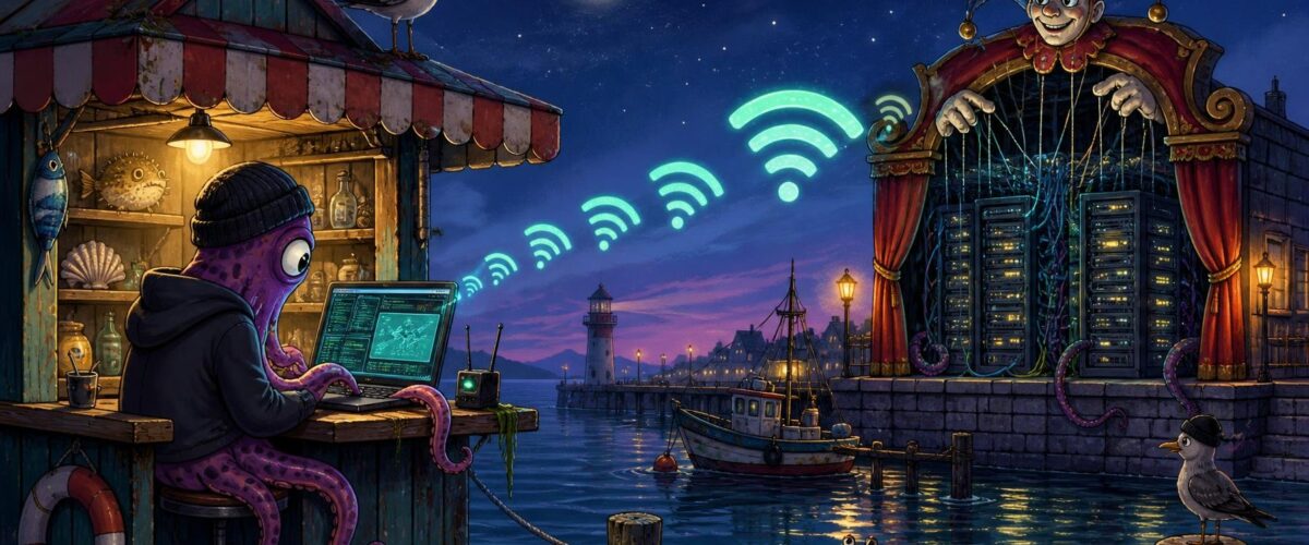 Ein Hacker sitzt an einem Hafenkiosk mit Laptop, glühende WLAN-Signale führen zu einem Serverraum wie ein Puppentheater.