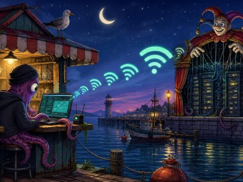 Ein Hacker sitzt an einem Hafenkiosk mit Laptop, glühende WLAN-Signale führen zu einem Serverraum wie ein Puppentheater.