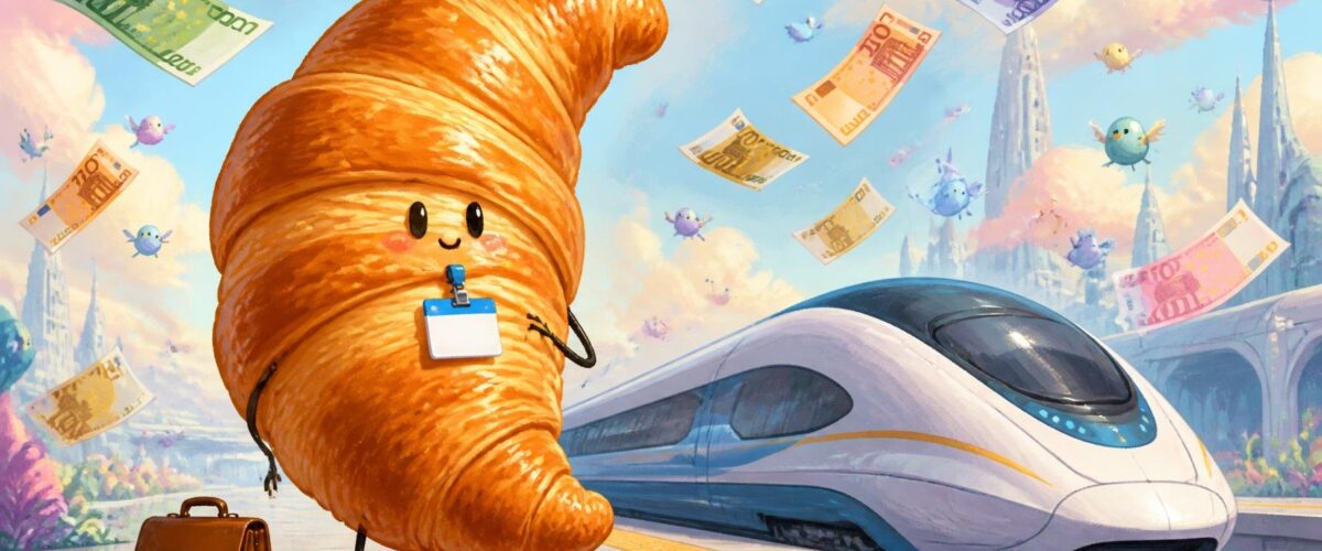 Spielerische Illustration: Ein riesiges Croissant mit Namensschild, daneben ein futuristischer Zug und schwebende abstrakte Euro-Banknoten.