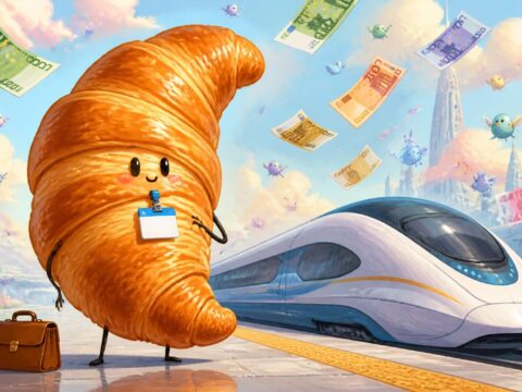 Spielerische Illustration: Ein riesiges Croissant mit Namensschild, daneben ein futuristischer Zug und schwebende abstrakte Euro-Banknoten.