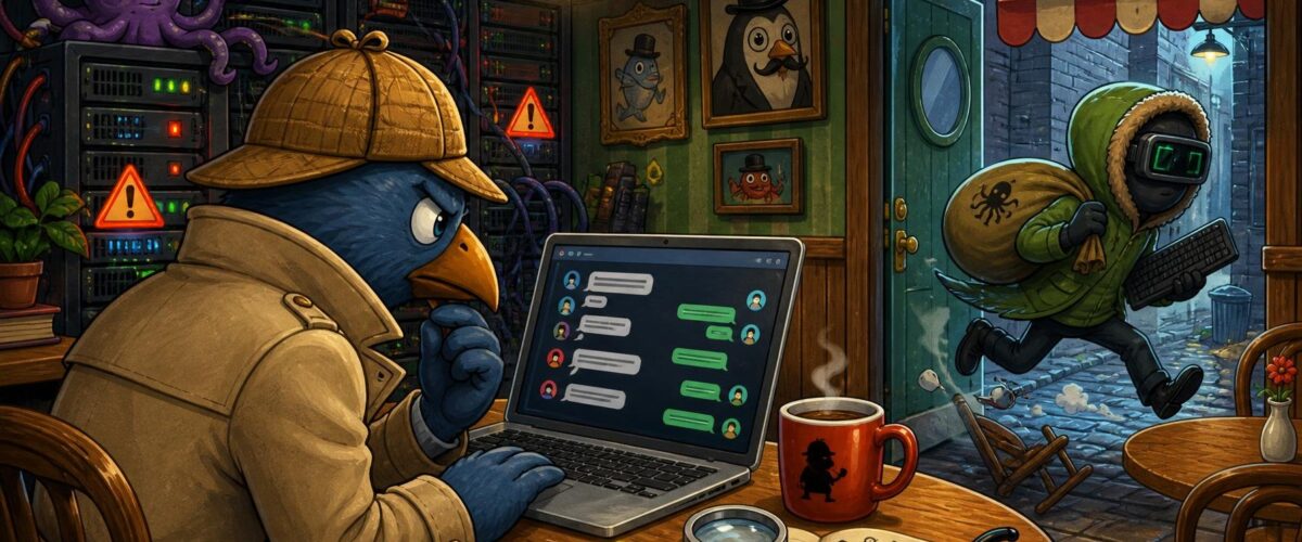 Cartoon-Illustration eines Kommissars, der verblüfft einen Chatverlauf auf dem Laptop liest, während ein Hacker in grünem Parka und Schweißerbrille durch eine Café-Hintertür entwischt.