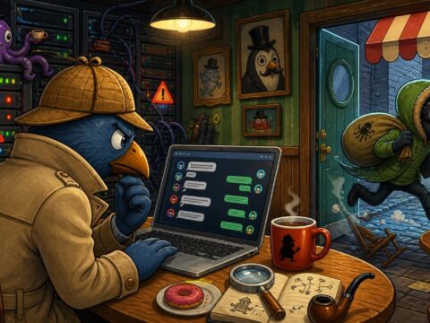 Cartoon-Illustration eines Kommissars, der verblüfft einen Chatverlauf auf dem Laptop liest, während ein Hacker in grünem Parka und Schweißerbrille durch eine Café-Hintertür entwischt.