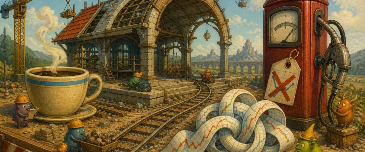 Illustration mit halbfertigem Bahnhof, Kaffeetasse, Zapfsäule mit Rabattschild und verknotetem Aktienchart.