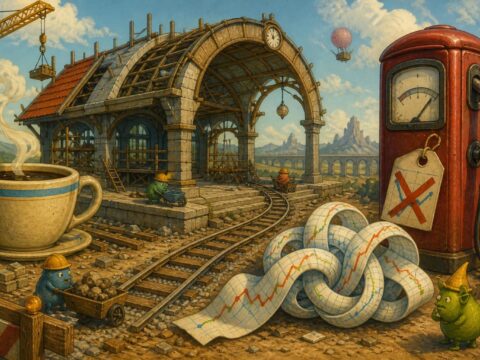 Illustration mit halbfertigem Bahnhof, Kaffeetasse, Zapfsäule mit Rabattschild und verknotetem Aktienchart.
