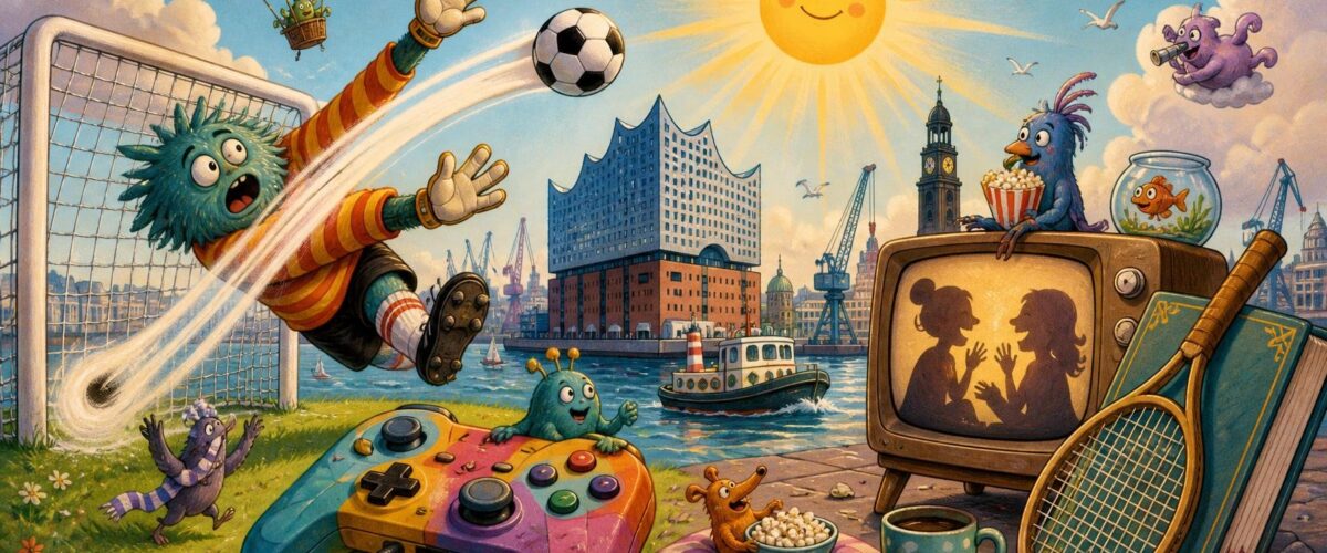 Illustration mit Fußball, Sonne über Hamburg, Gamecontroller, Vintage-Fernseher mit zwei lachenden Silhouetten und Tennisschläger neben einem Regelbuch.