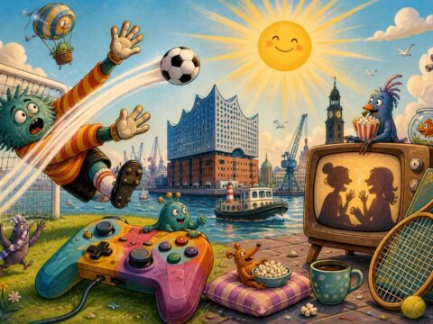Illustration mit Fußball, Sonne über Hamburg, Gamecontroller, Vintage-Fernseher mit zwei lachenden Silhouetten und Tennisschläger neben einem Regelbuch.