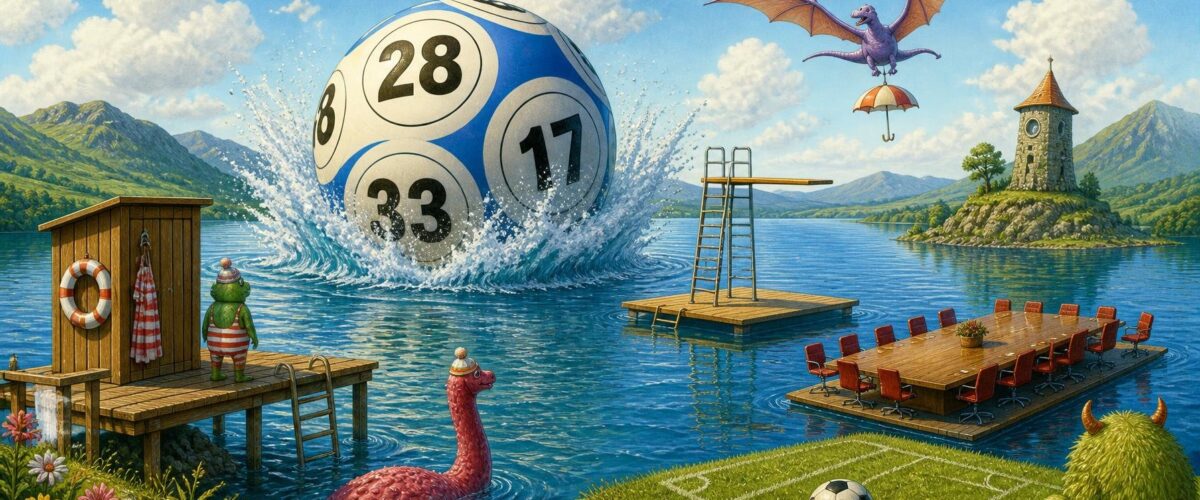 Surreale Szene: Ein riesiger Lottoball platscht in einen See mit Baderampe und schwimmender Plattform, ein Fußball liegt auf einem Trainingsplatz, und ein Konferenztisch schwimmt auf dem Wasser.