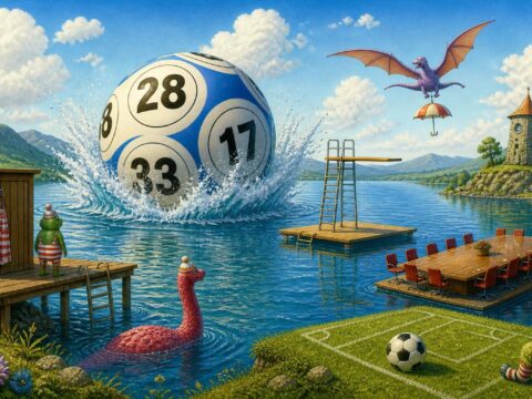 Surreale Szene: Ein riesiger Lottoball platscht in einen See mit Baderampe und schwimmender Plattform, ein Fußball liegt auf einem Trainingsplatz, und ein Konferenztisch schwimmt auf dem Wasser.
