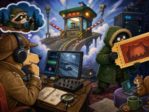Cartoon-Illustration eines Kommissars mit Kopfhörern, der eine Telefonüberwachung abhört, während ein Hacker im grünen Parka ein riesiges Theaterticket hochhält und sich im Hintergrund eine Mautschranke hebt.