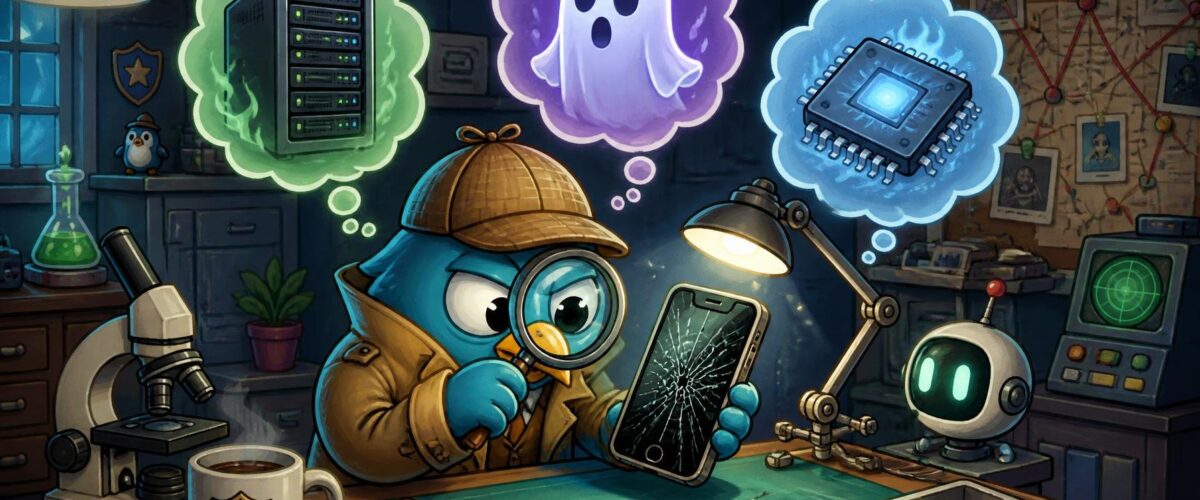 Illustration eines Kommissars mit kaputtem Smartphone im Labor, umgeben von schwebenden Symbolen für Server, Geist und Boot-Chip.