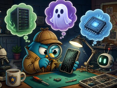 Illustration eines Kommissars mit kaputtem Smartphone im Labor, umgeben von schwebenden Symbolen für Server, Geist und Boot-Chip.