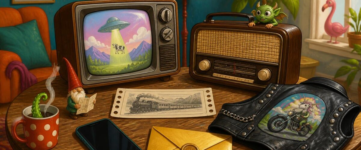 Spielerische Illustration mit altem Fernseher, Bahnticket, stillem Smartphone, Lederweste und goldenem Umschlag auf einem Wohnzimmertisch.