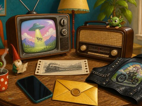Spielerische Illustration mit altem Fernseher, Bahnticket, stillem Smartphone, Lederweste und goldenem Umschlag auf einem Wohnzimmertisch.