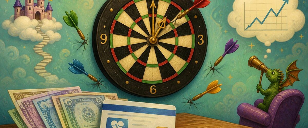 Illustration mit Dartpfeilen auf einem Uhr-Zifferblatt, Geldscheinen und einer generischen Krankenkassenkarte, keine echten Personen oder Logos.