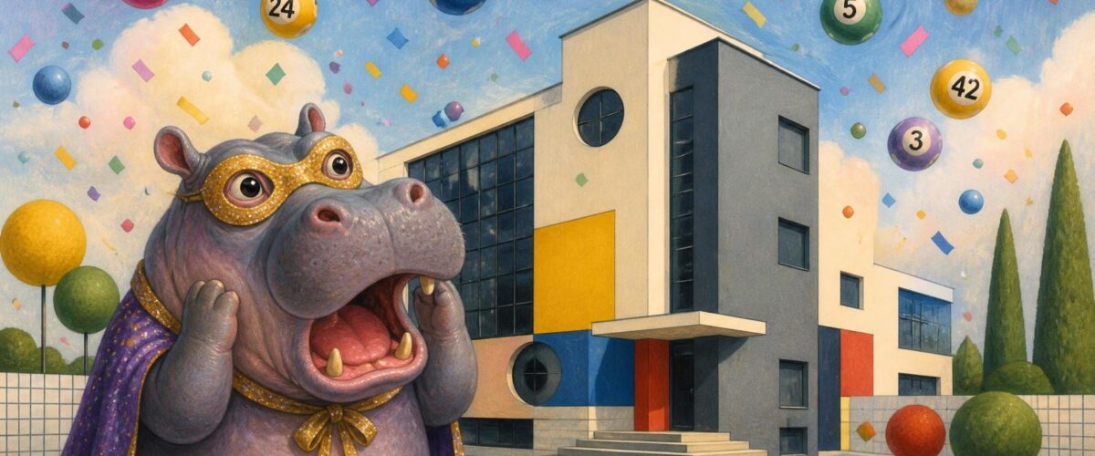 Illustration: Ein verdutztes Nilpferd mit Glitzermaske vor einem Bauhaus-Gebäude, umgeben von Konfetti und Lottokugeln.