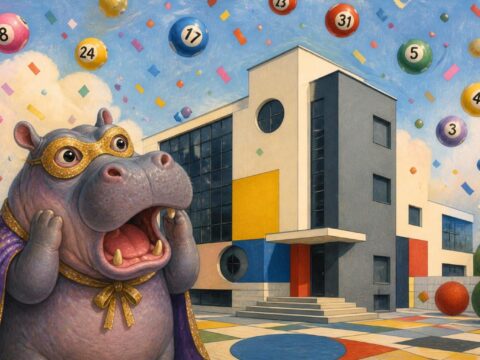 Illustration: Ein verdutztes Nilpferd mit Glitzermaske vor einem Bauhaus-Gebäude, umgeben von Konfetti und Lottokugeln.