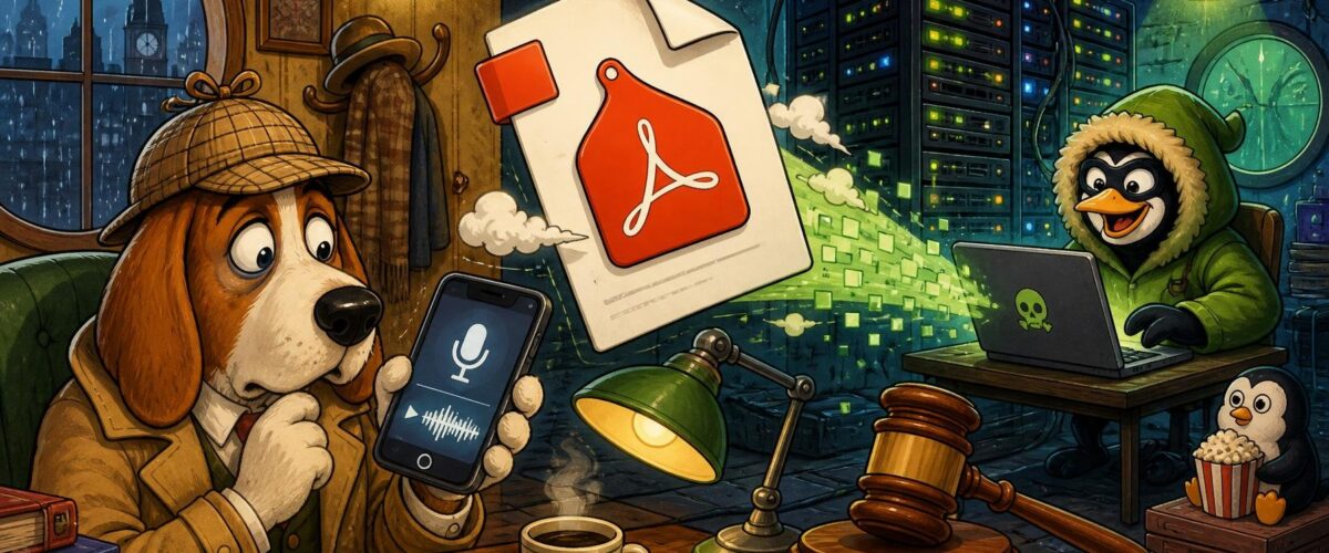 Cartoon-Illustration eines Kommissars mit Smartphone, das eine Sprachnotiz abspielt, während ein Hacker im grünen Parka ein riesiges PDF-Dokument von einem Laptop aus sendet; im Hintergrund ein Serverschrank und ein Richterhammer.
