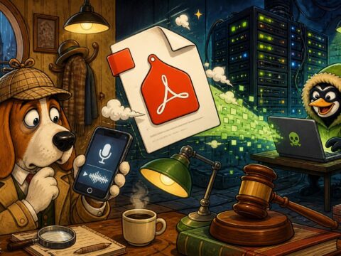 Cartoon-Illustration eines Kommissars mit Smartphone, das eine Sprachnotiz abspielt, während ein Hacker im grünen Parka ein riesiges PDF-Dokument von einem Laptop aus sendet; im Hintergrund ein Serverschrank und ein Richterhammer.