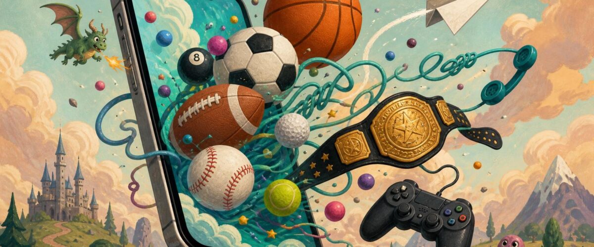 Illustration eines überfüllten Smartphone-Bildschirms mit Sportbällen, Telefonschnur, Papierflieger, Wrestling-Gürtel und Gamecontroller.