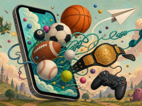 Illustration eines überfüllten Smartphone-Bildschirms mit Sportbällen, Telefonschnur, Papierflieger, Wrestling-Gürtel und Gamecontroller.
