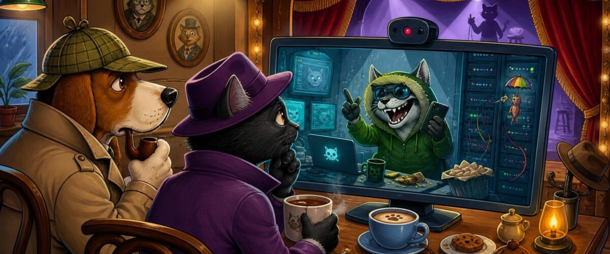 Cartoon-Illustration eines Kommissars und einer Kollegin, die in einem Café Überwachungsaufnahmen ansehen, auf denen ein Hacker im grünen Parka telefoniert; im Hintergrund ein Serverschrank und ein Theatervorhang.