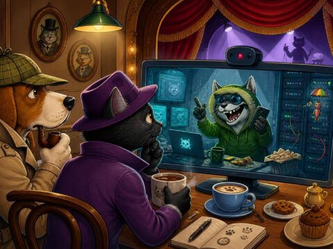Cartoon-Illustration eines Kommissars und einer Kollegin, die in einem Café Überwachungsaufnahmen ansehen, auf denen ein Hacker im grünen Parka telefoniert; im Hintergrund ein Serverschrank und ein Theatervorhang.