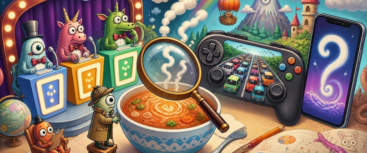 Cartoon-Collage: Quizshow-Bühne, dampfende Suppenschüssel mit Lupe, Gamecontroller mit Stau, Skihelm auf Alltagsskiern, Smartphone mit Fragezeichen.