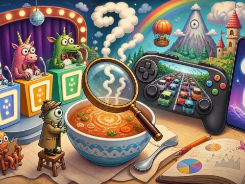 Cartoon-Collage: Quizshow-Bühne, dampfende Suppenschüssel mit Lupe, Gamecontroller mit Stau, Skihelm auf Alltagsskiern, Smartphone mit Fragezeichen.