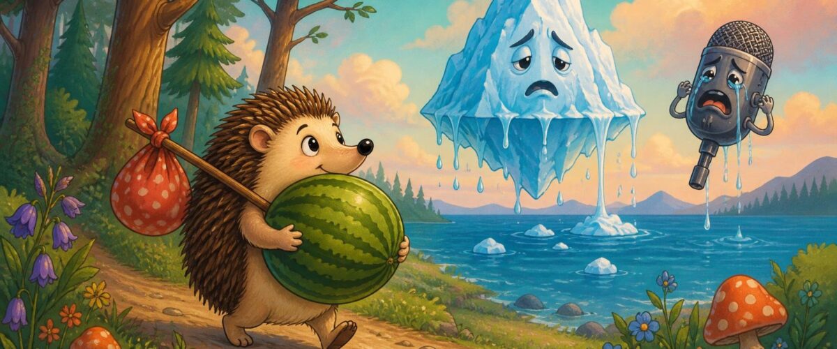 Cartoon-Igel trägt eine Melone in den Wald, im Hintergrund schmelzender Eisberg und weinendes Mikrofon.
