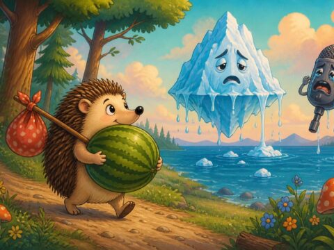 Cartoon-Igel trägt eine Melone in den Wald, im Hintergrund schmelzender Eisberg und weinendes Mikrofon.