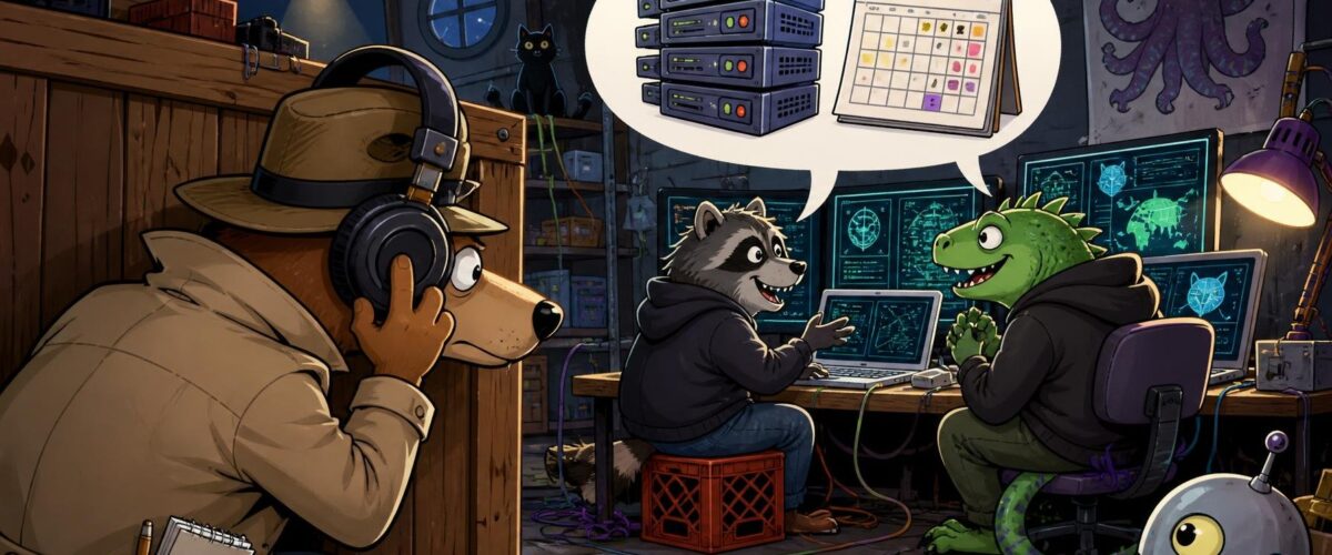 Detektiv mit Kopfhörern belauscht zwei Hacker in einer Lagerhalle, Sprechblase mit Server-Symbolen und einem Kalender.