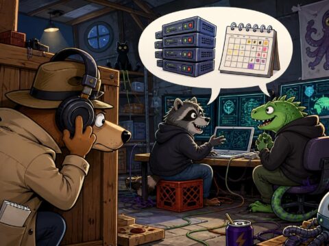 Detektiv mit Kopfhörern belauscht zwei Hacker in einer Lagerhalle, Sprechblase mit Server-Symbolen und einem Kalender.