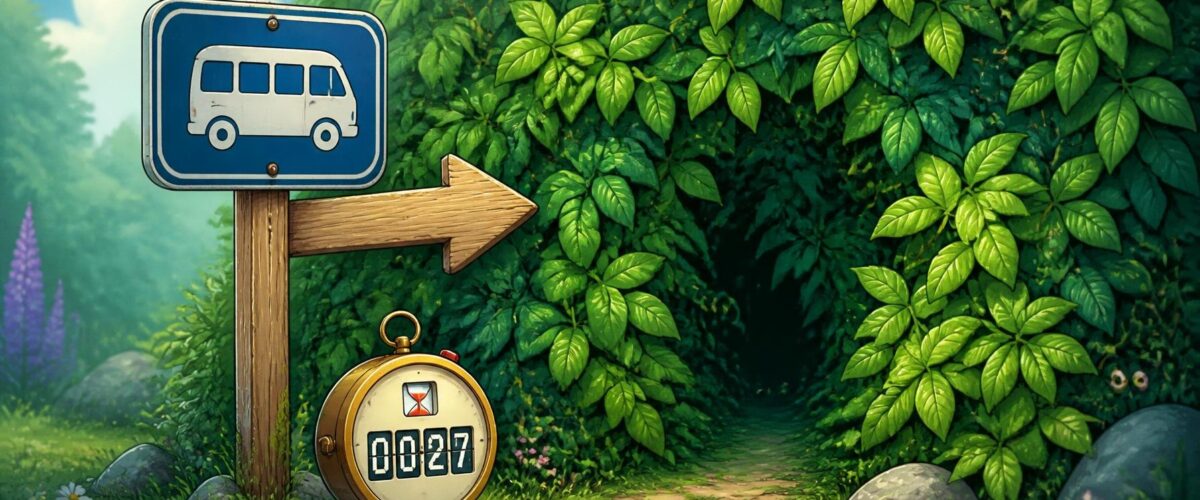 Ein Schild "Was ist da im Busch?" neben einer Countdown-Uhr vor einem dichten, geheimnisvollen Busch.