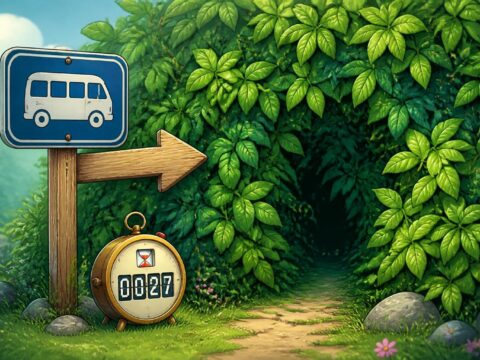 Ein Schild "Was ist da im Busch?" neben einer Countdown-Uhr vor einem dichten, geheimnisvollen Busch.