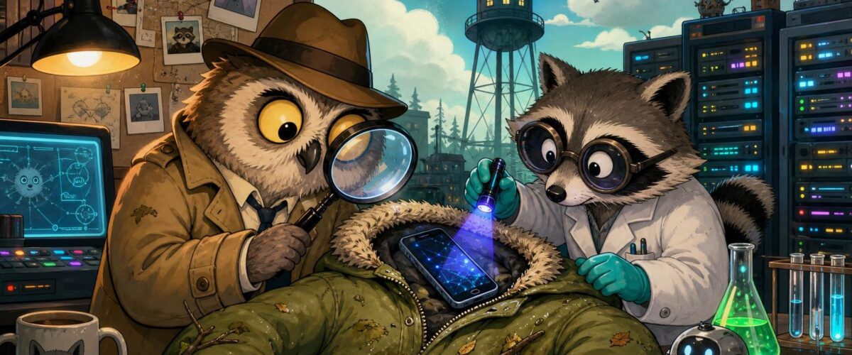Cartoon-Illustration eines Kommissars und einer Forensikerin, die ein Smartphone untersuchen, das in einem grünen Parka gefunden wurde; im Hintergrund Serverschränke und ein Wasserturm.