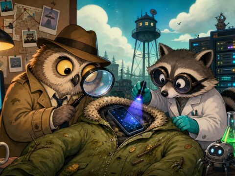 Cartoon-Illustration eines Kommissars und einer Forensikerin, die ein Smartphone untersuchen, das in einem grünen Parka gefunden wurde; im Hintergrund Serverschränke und ein Wasserturm.